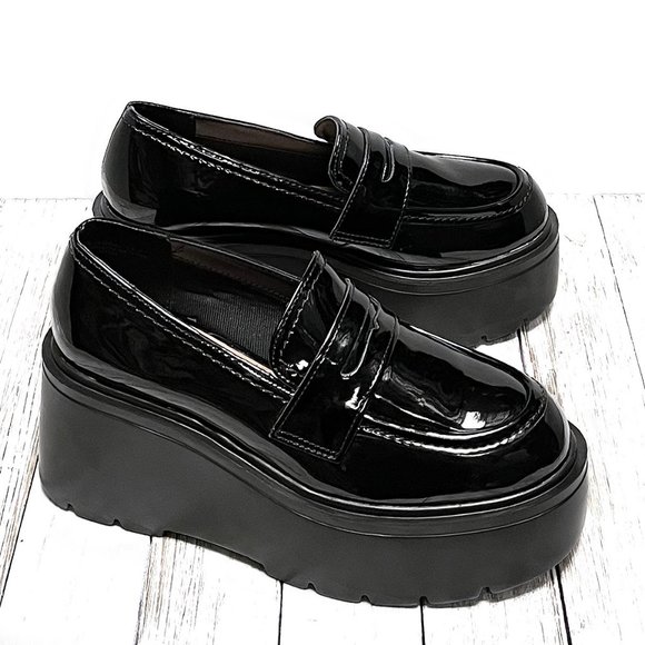 New Black Patent Platform Wedge Penny Loafers - Picture 1 of 4